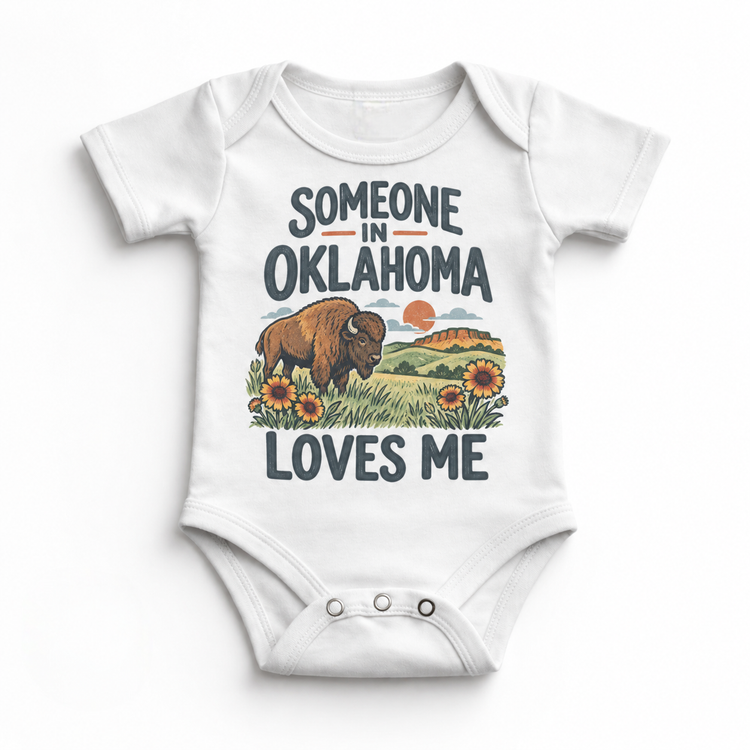 Someone in Oklahoma Loves Me design on a white baby bodysuit
