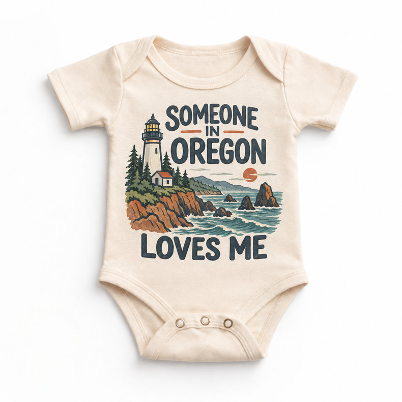 Someone in Oregon Loves Me design on a natural beige baby bodysuit