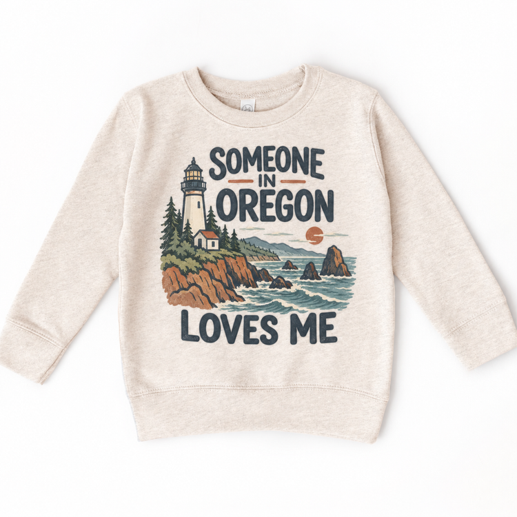 Someone in Oregon Loves Me design on a natural beige sweatshirt