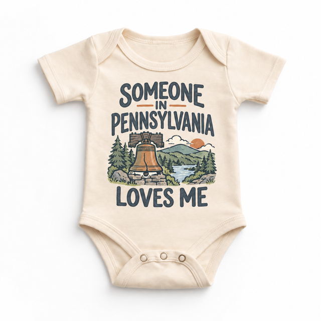 Someone in Pennsylvania Loves Me design on a natural beige baby bodysuit
