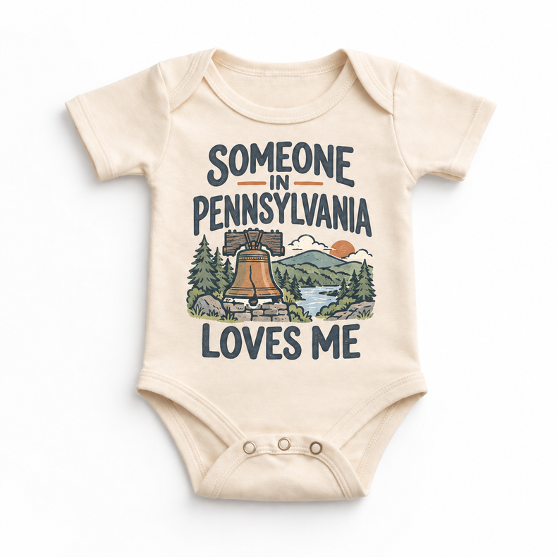 Someone in Pennsylvania Loves Me design on a natural beige baby bodysuit