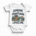 Someone in Pennsylvania Loves Me design on a white baby bodysuit