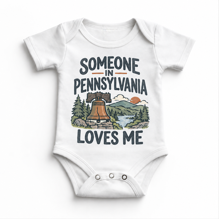 Someone in Pennsylvania Loves Me design on a white baby bodysuit