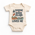 Someone in Rhode Island Loves Me design on a natural beige baby bodysuit