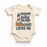 Someone in Rhode Island Loves Me design on a natural beige baby bodysuit