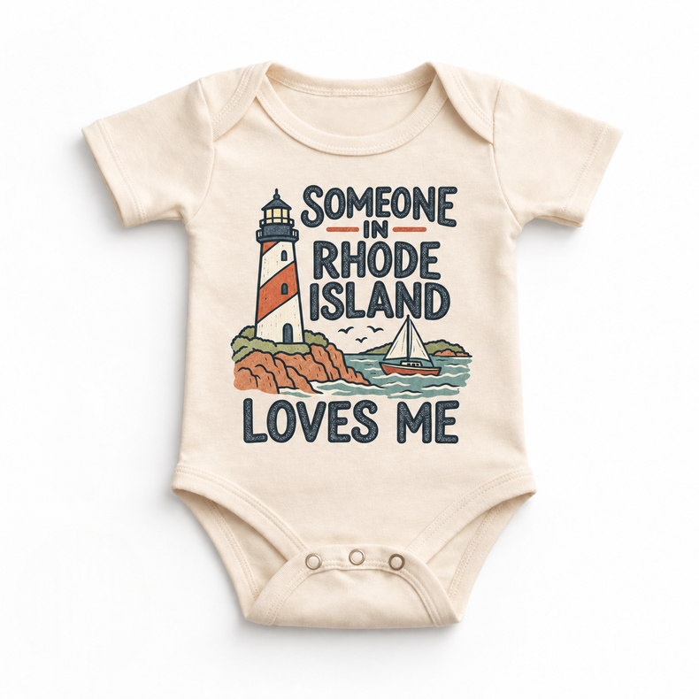 Someone in Rhode Island Loves Me design on a natural beige baby bodysuit