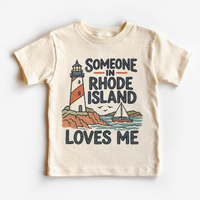 Someone in Rhode Island Loves Me design on a natural beige short sleeve T-shirt