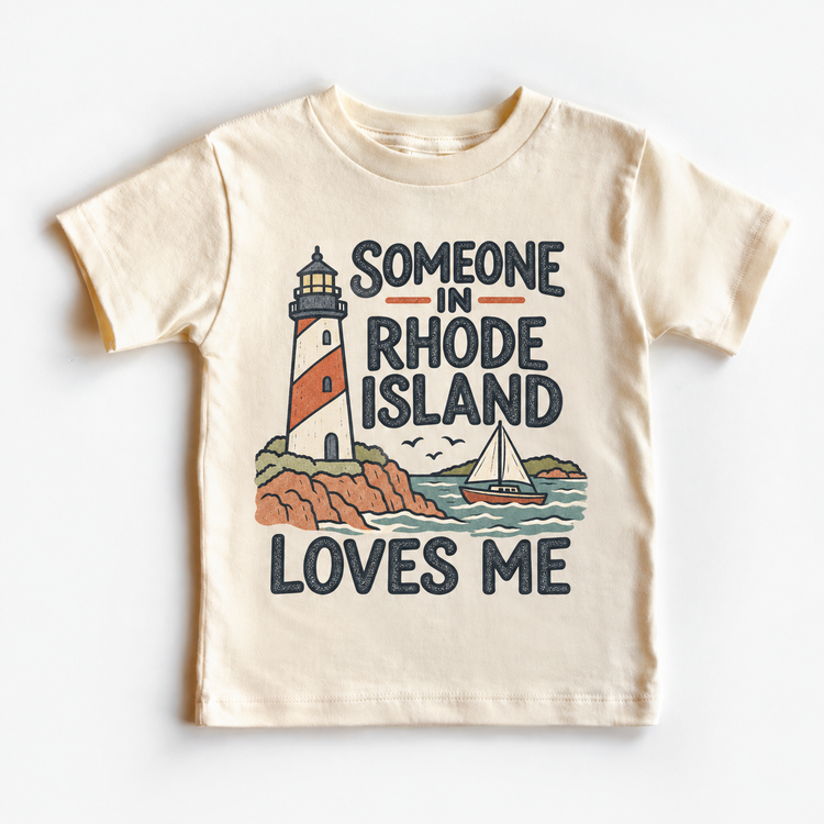 Someone in Rhode Island Loves Me design on a natural beige short sleeve T-shirt