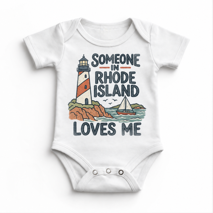 Someone in Rhode Island Loves Me design on a white baby bodysuit