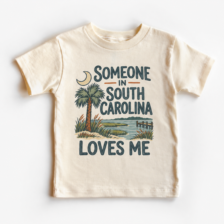 Someone in South Carolina Loves Me design on a natural beige short sleeve T-shirt
