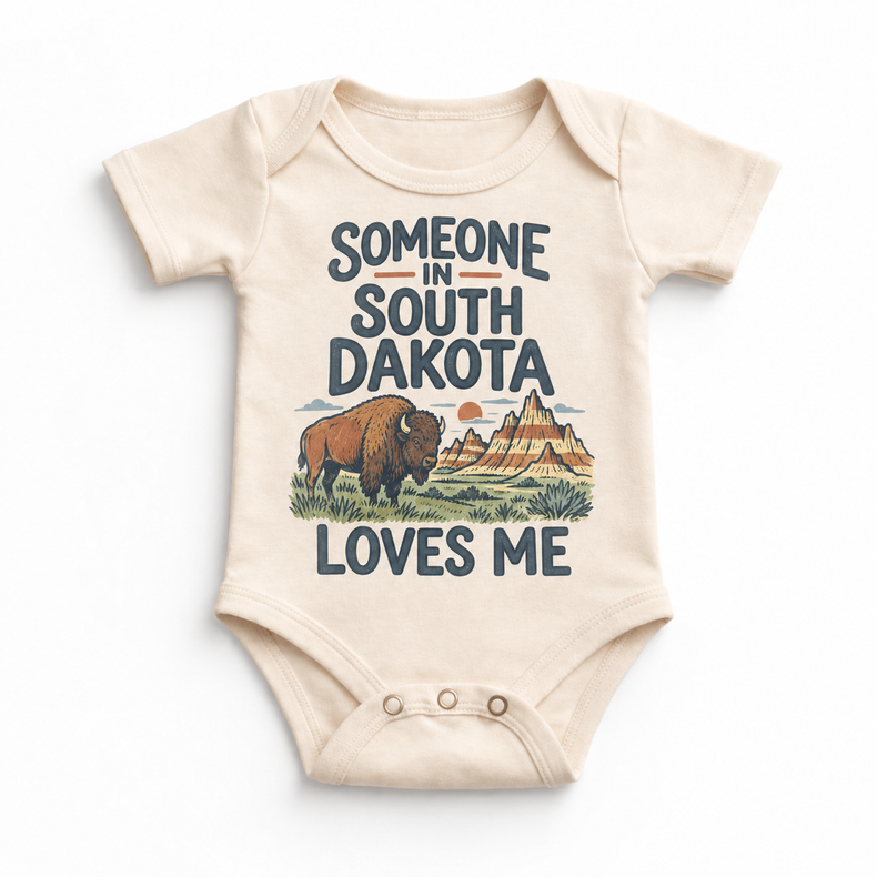 Someone in South Dakota Loves Me design on a natural beige baby bodysuit