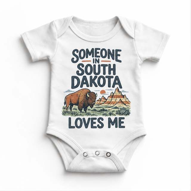Someone in South Dakota Loves Me design on a white baby bodysuit