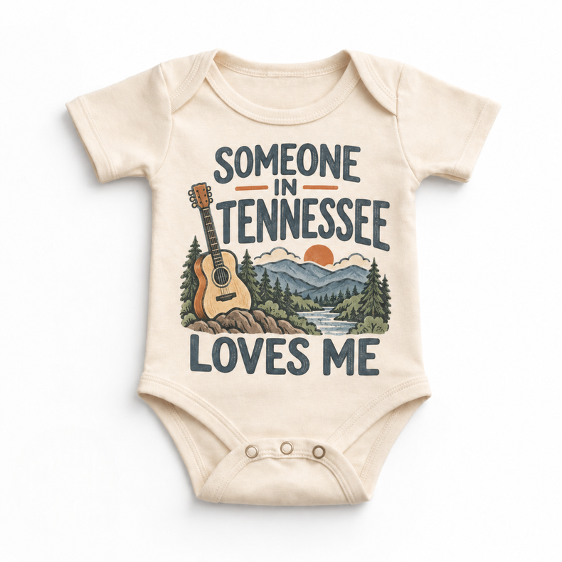 Someone in Tennessee Loves Me design on a natural beige baby bodysuit