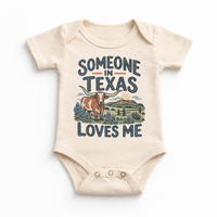 Someone in Texas Loves Me design on a natural beige baby bodysuit