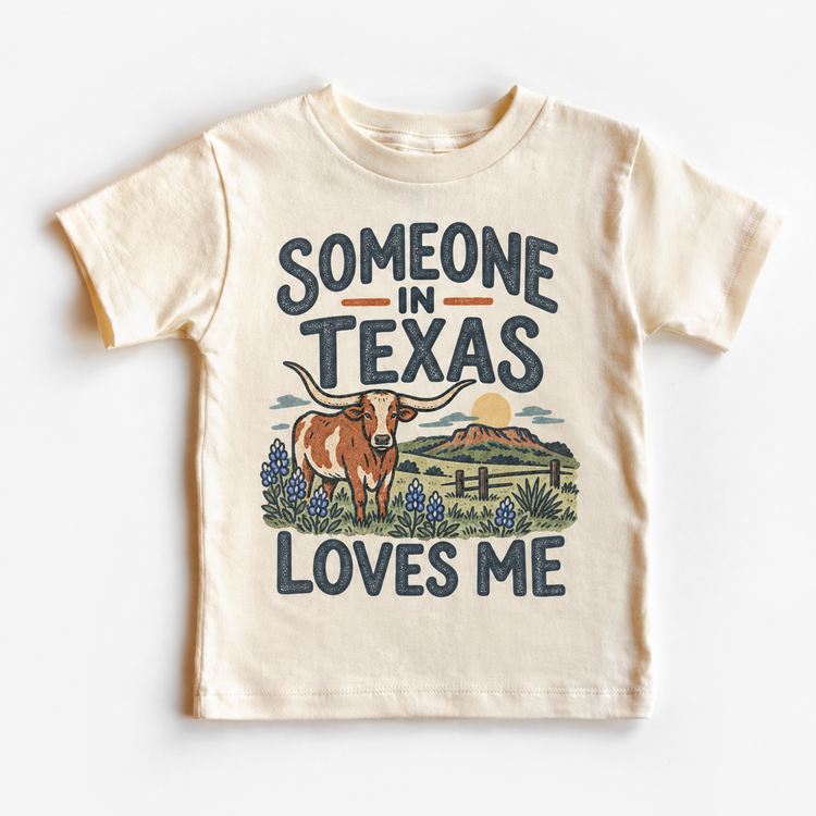 Someone in Texas Loves Me design on a natural beige short sleeve T-shirt