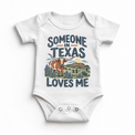 Someone in Texas Loves Me design on a white baby bodysuit