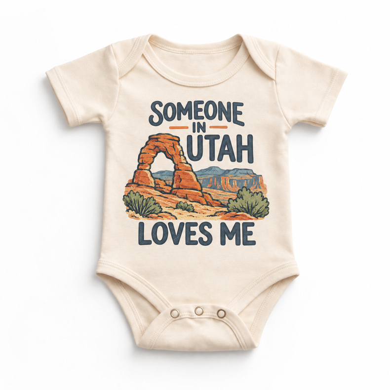 Someone in Utah Loves Me design on a natural beige baby bodysuit