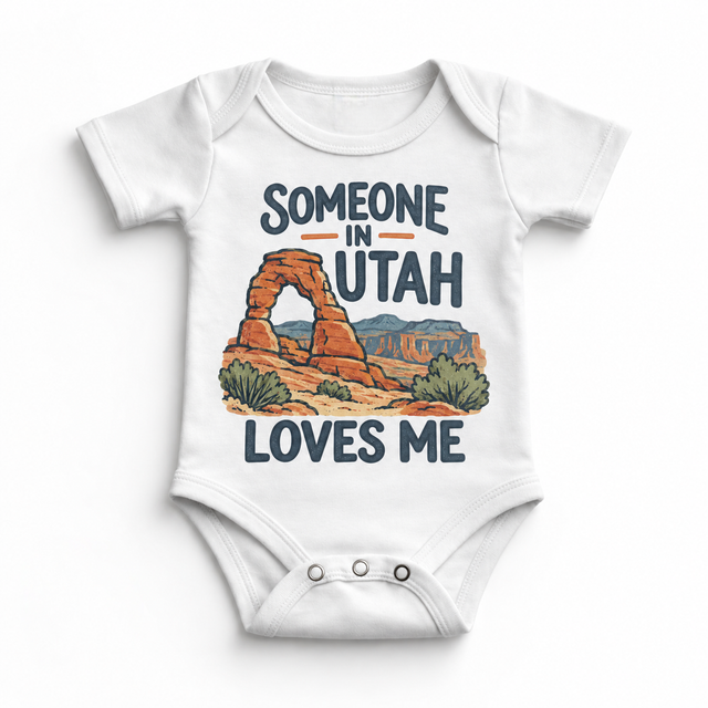 Someone in Utah Loves Me design on a white baby bodysuit