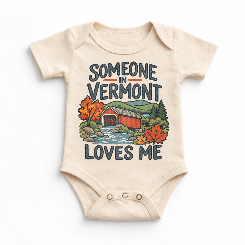 Someone in Vermont Loves Me design on a natural beige baby bodysuit