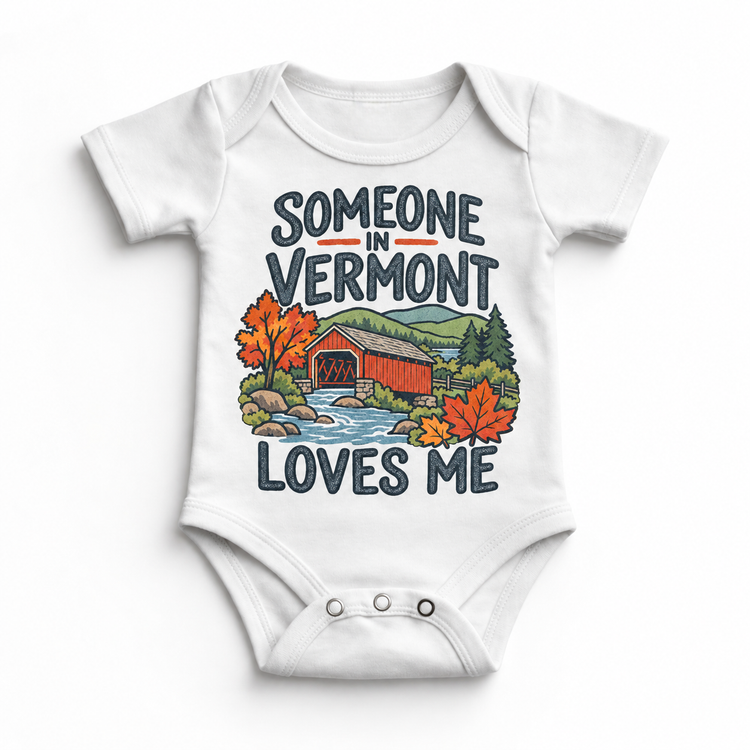 Someone in Vermont Loves Me design on a white baby bodysuit