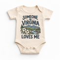 Someone in Virginia Loves Me design on a natural beige baby bodysuit