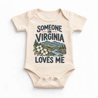 Someone in Virginia Loves Me design on a natural beige baby bodysuit