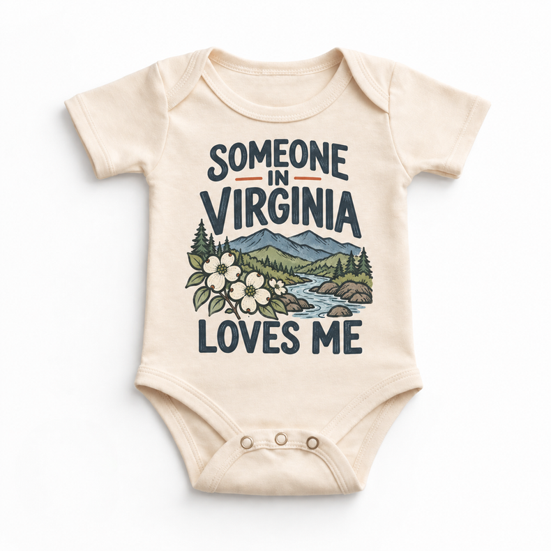 Someone in Virginia Loves Me design on a natural beige baby bodysuit