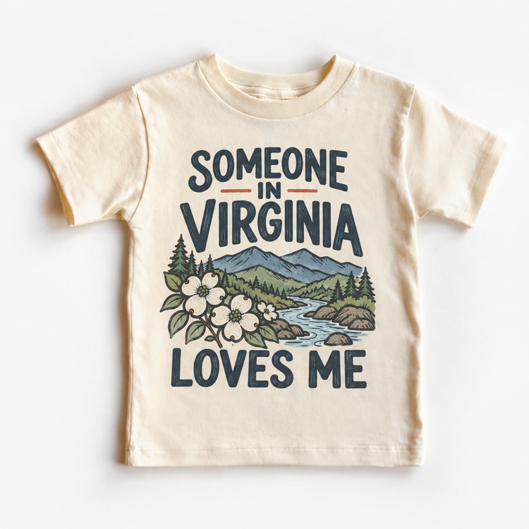 Someone in Virginia Loves Me design on a natural beige short sleeve T-shirt