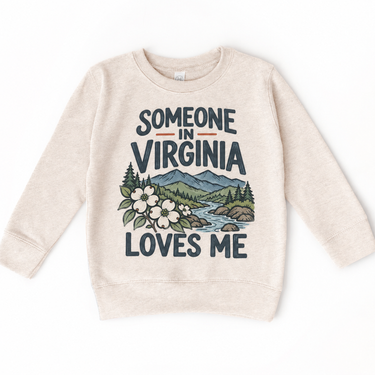 Someone in Virginia Loves Me design on a natural beige sweatshirt