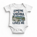 Someone in Virginia Loves Me design on a white baby bodysuit