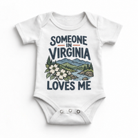 Someone in Virginia Loves Me design on a white baby bodysuit