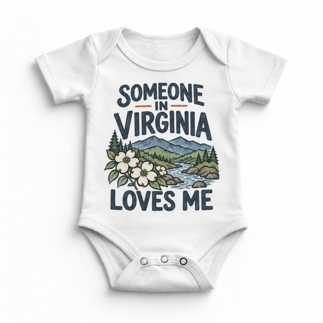Someone in Virginia Loves Me design on a white baby bodysuit
