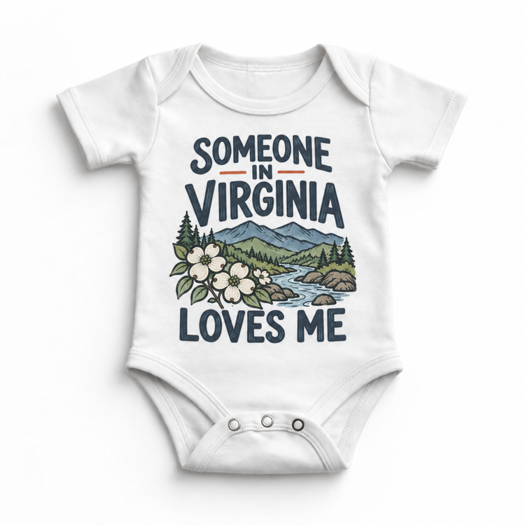 Someone in Virginia Loves Me design on a white baby bodysuit