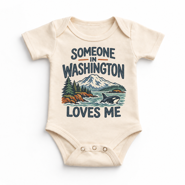 Someone in Washington Loves Me design on a natural beige baby bodysuit