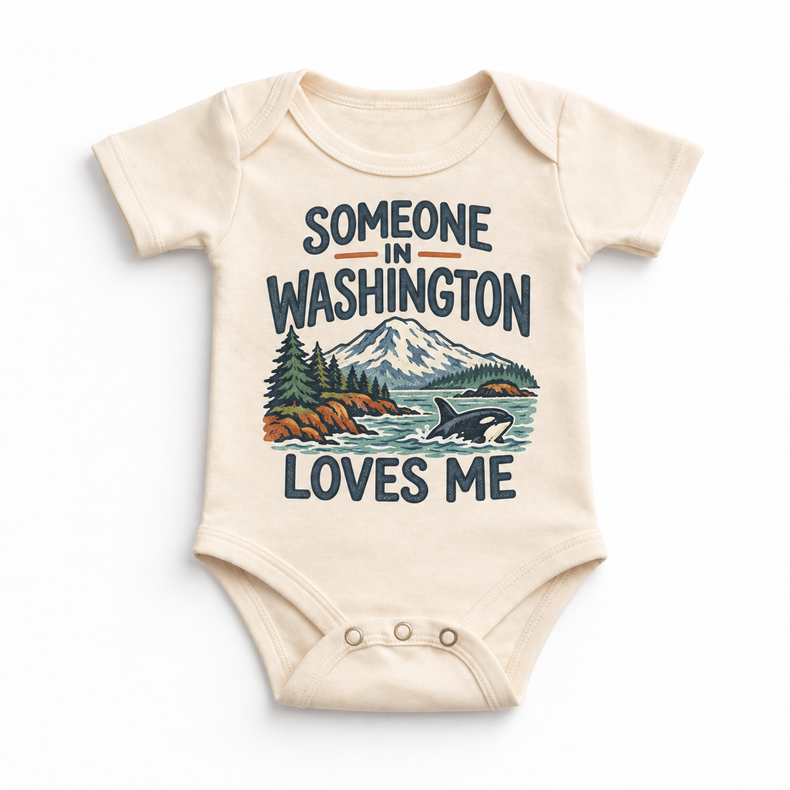 Someone in Washington Loves Me design on a natural beige baby bodysuit