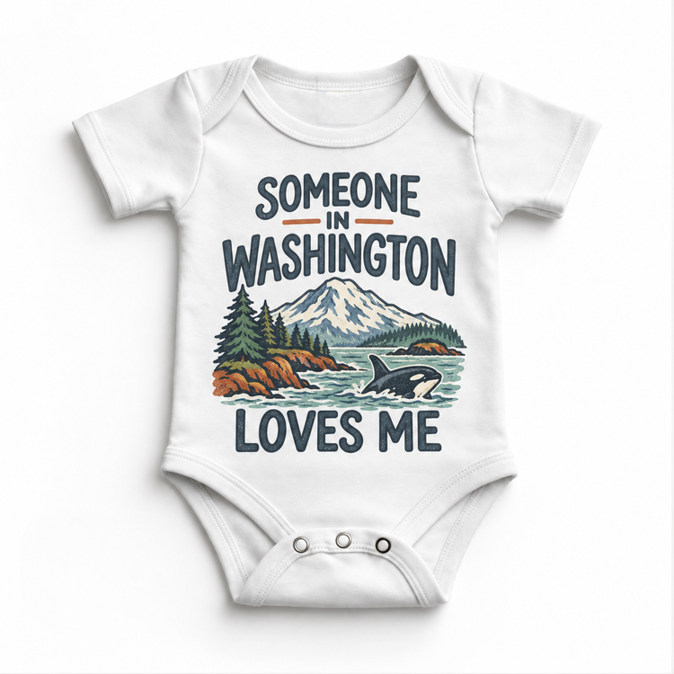 Someone in Washington Loves Me design on a white baby bodysuit