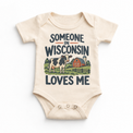 Someone in Wisconsin Loves Me design on a natural beige baby bodysuit