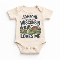Someone in Wisconsin Loves Me design on a natural beige baby bodysuit