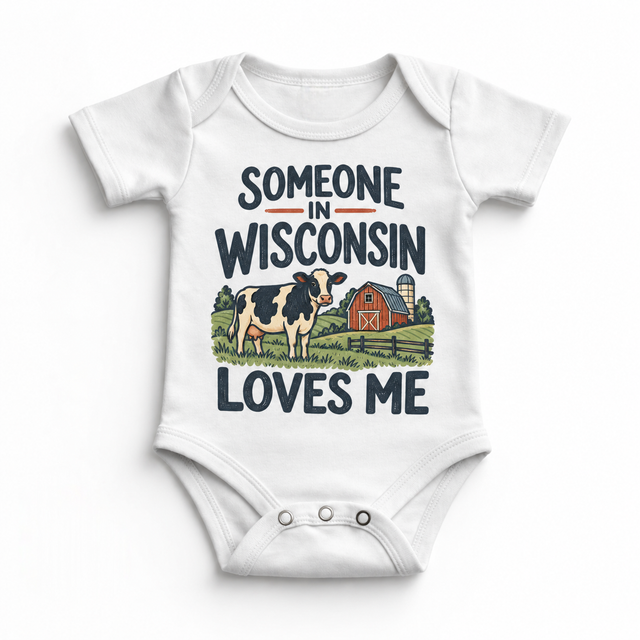 Someone in Wisconsin Loves Me design on a white baby bodysuit
