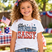 AI-generated lifestyle mockup of the Star Spangled and Sassy July 4th shirt in white