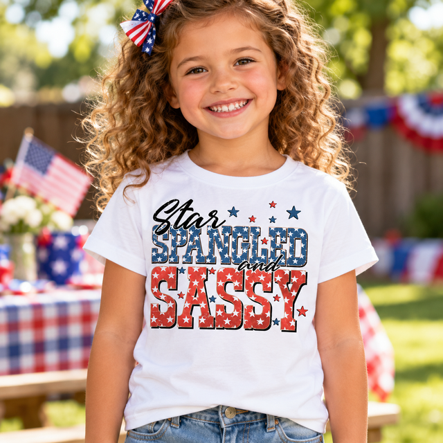 AI-generated lifestyle mockup of the Star Spangled and Sassy July 4th shirt in white