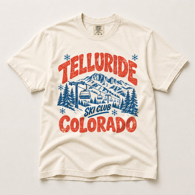 Telluride Ski Club Colorado vintage ski graphic on ivory Comfort Colors T-shirt