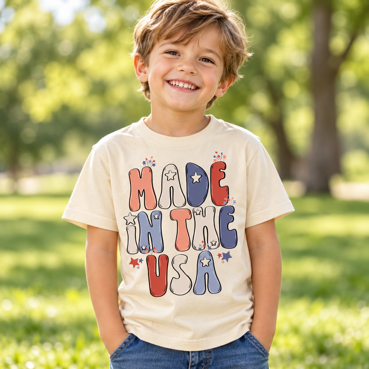 Child wearing a Natural Made In The USA Shirt outdoors