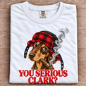 White Comfort Colors T-shirt with You Serious Clark dog graphic and red buffalo plaid hat